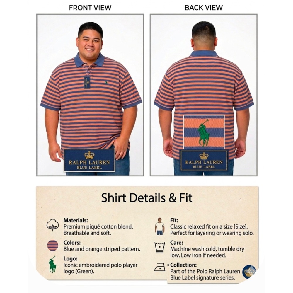 Polo Ralph Lauren Blue Label Mens 3XL Big Striped Pique Polo Shirt Blue Orange